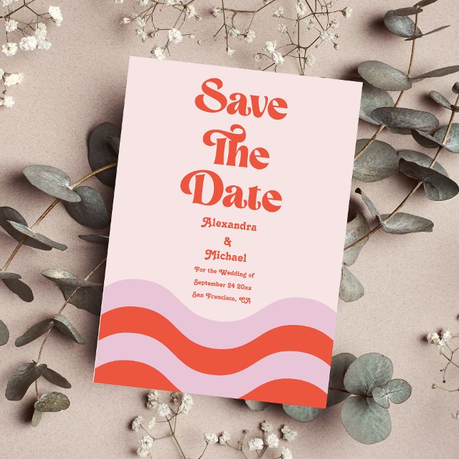 Moderne Retropinke und orangefarbene Typografie We Save The Date (Von Creator hochgeladen)