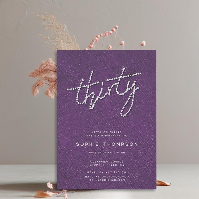 Moderne Rhinestones Lila Minimalistisch 30. Geburt Einladung (elegant rhinestones modern purple 30th birthday invitation for women classy minimalist calligraphy)