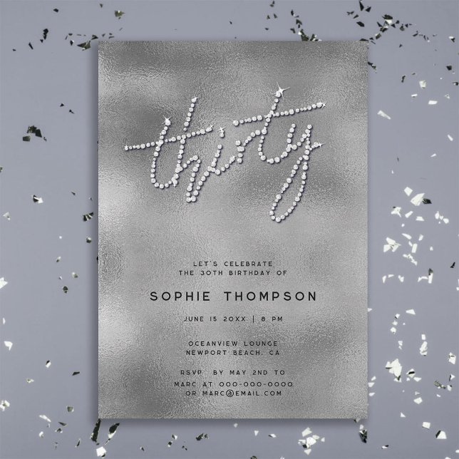 Moderne Rhinestones Silver Reflexions Glam 30. Einladung (modern glam elegant rhinestones calligraphy 30th birthday invitation for women classy chic soiree)