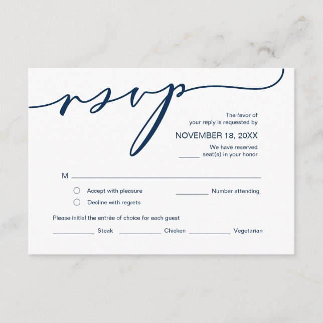 Moderne Romantik, blaues Navy-Script, Hochzeitssze Begleitkarte (Vorderseite)