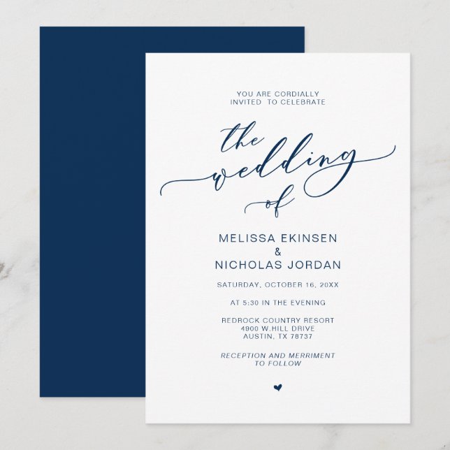 Moderne Romantik, Navy Blue, Kalligrafie Hochzeit Einladung (Vorne/Hinten)
