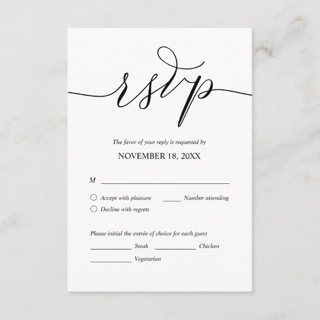 Moderne Romantik, Schwarze Schrift, Hochzeitsessen Begleitkarte (Vorderseite)