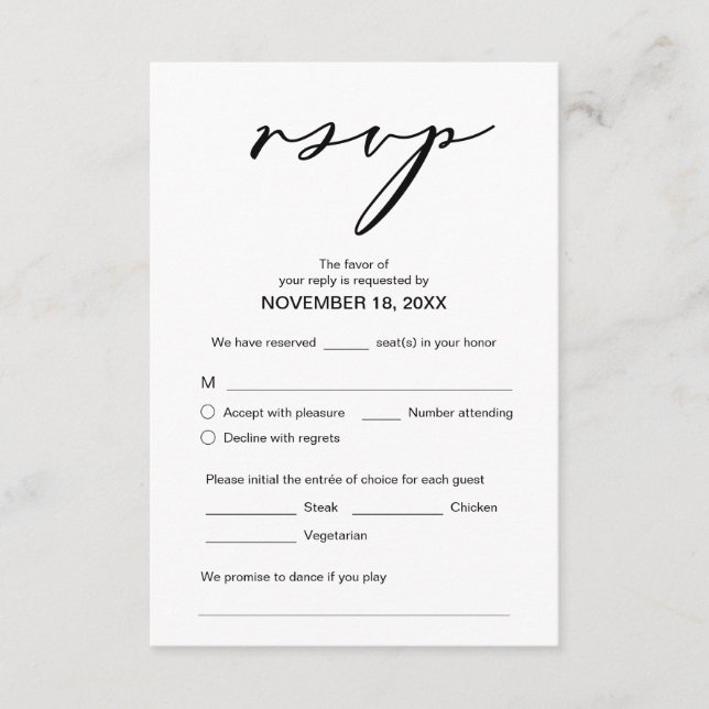 Moderne Romantik, Schwarze Schrift, Hochzeitsessen Begleitkarte (Vorderseite)