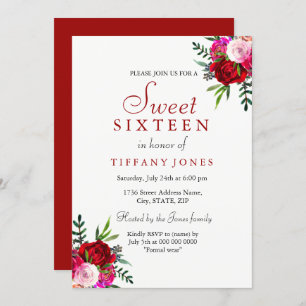 Moderne Romantique Rose Rouge Sweet 16 Invitation
