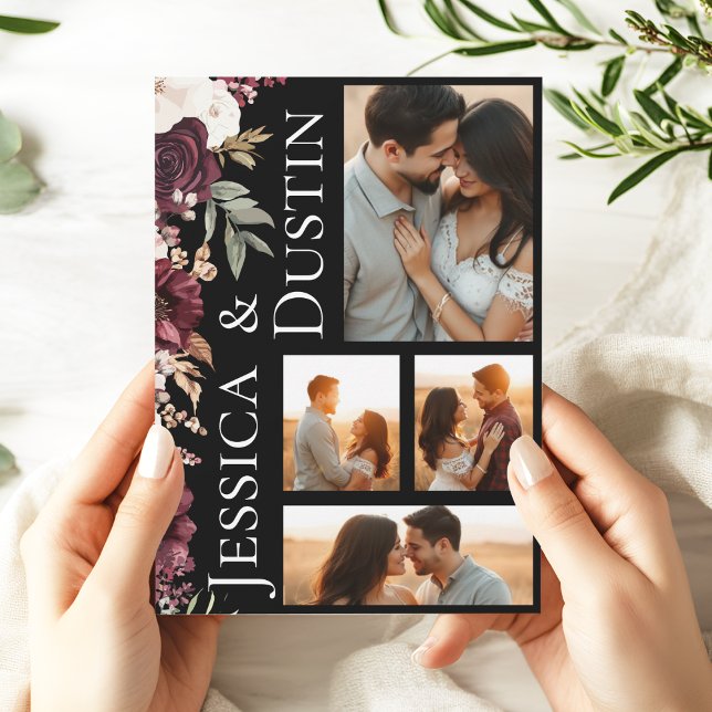 Moderne romantische Burgunder-Foto Hochzeit Einladung (Modern Burgundy Pink Floral Photo Collage Wedding Invitation)