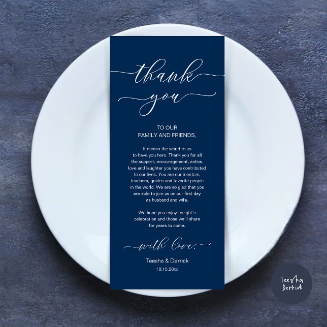 Moderne Romantische Dinner Place Einstellung Danke Programm (Wedding Dinner Place Setting Thank You Card, Modern Minimalist, in Navy Blue)