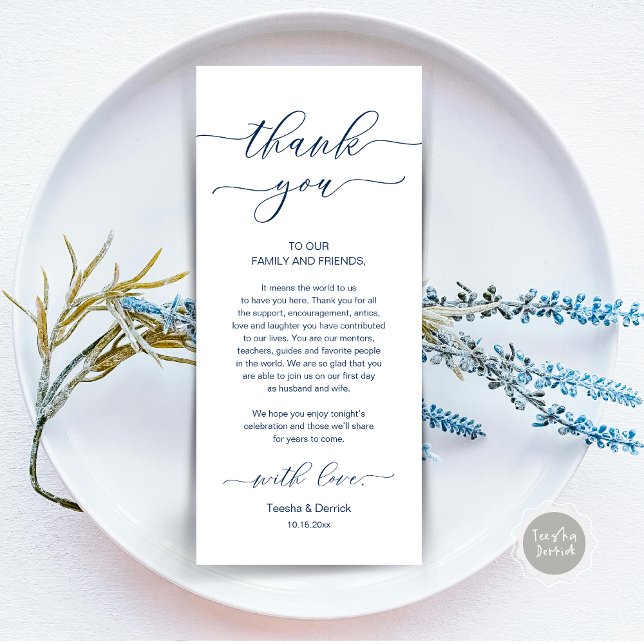 Moderne Romantische Dinner Place Einstellung Danke Programm (Wedding Dinner Place Setting Thank You Card, Modern Minimalist, in Navy Blue)