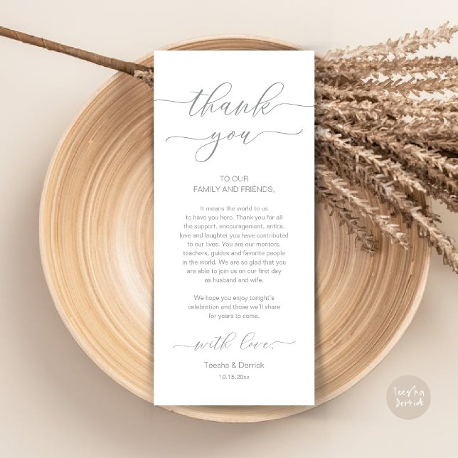 Moderne Romantische Dinner Place Einstellung Danke Programm (Wedding Dinner Place Setting Thank You Card, Modern Minimalist, in Grey)