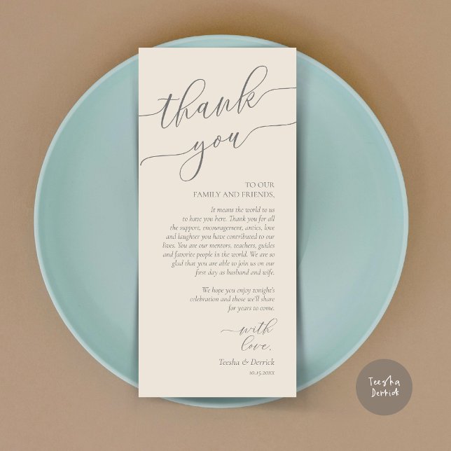 Moderne Romantische Dinner Place Einstellung Danke Programm (Wedding Dinner Place Setting Thank You Card, Modern Romance Design, in Cream and Grey)