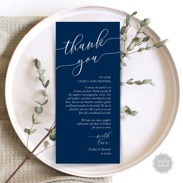 Moderne Romantische Dinner Place Einstellung Danke Programm (Wedding Dinner Place Setting Thank You Card, Modern Romance Design, in Navy Blue)