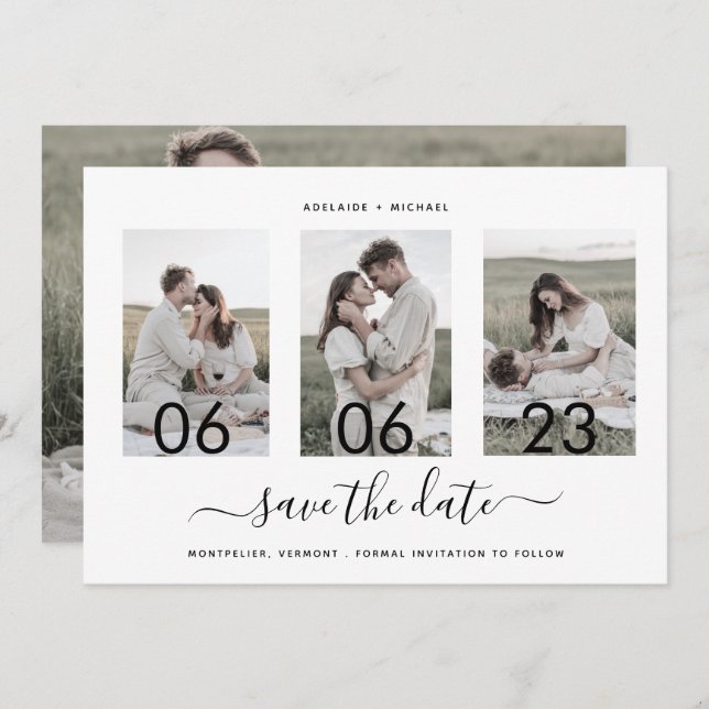 Moderne Romantische Drehbuch-Collage Save The Date (Vorne/Hinten)