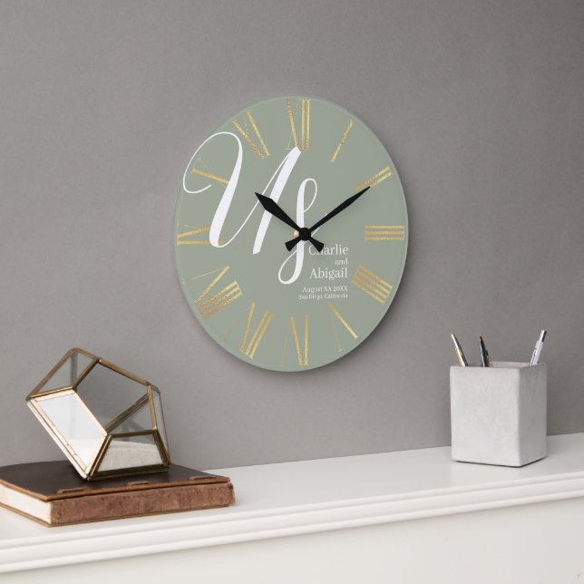 Moderne romantische Hochzeit auf Sage Green Große Wanduhr (Büro)