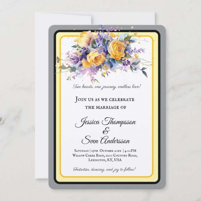 Moderne romantische Hochzeit des Gelben Roses Einladung (Vorderseite)