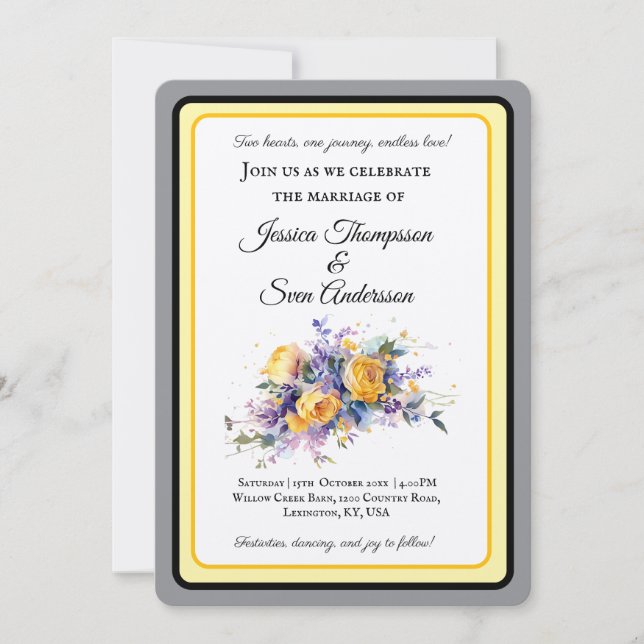 Moderne romantische Hochzeit des Gelben Roses Einladung (Vorderseite)
