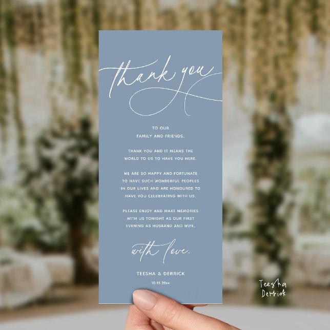 Moderne Romantische Hochzeits-Dankeskarten für das Programm (Modern Romantic Wedding Reception Dinner Thank You Card in Dusty Blue)