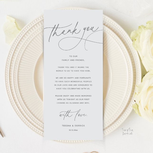 Moderne Romantische Hochzeits-Dankeskarten für das Programm (Modern Romantic Wedding Reception Dinner Thank You Card in Chill Grey)
