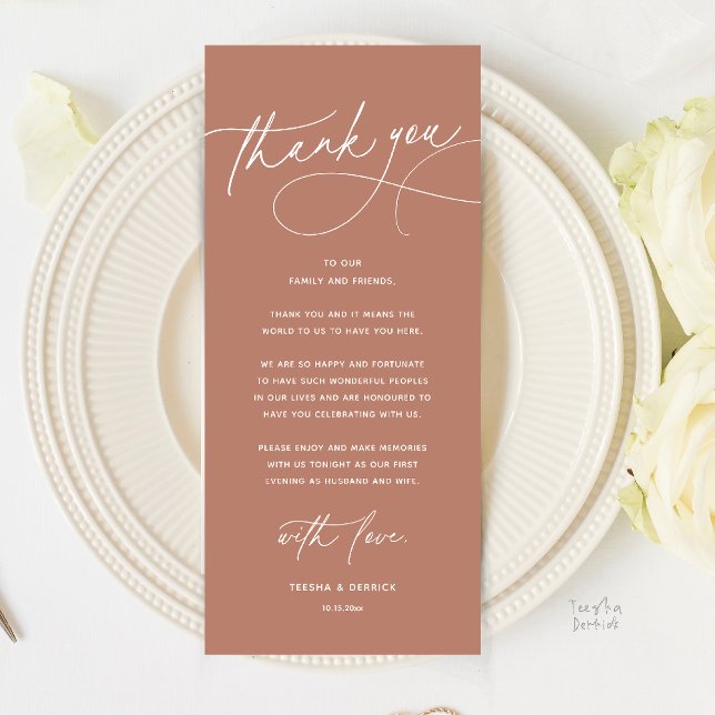Moderne Romantische Hochzeits-Dinner-Dankeskarten Programm (Modern Romantic Wedding Reception Dinner Thank You Card in Terracotta Earthy Brown)