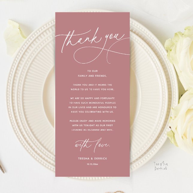 Moderne Romantische Hochzeits-Dinner-Dankeskarten Programm (Modern Romantic Wedding Reception Dinner Thank You Card in Dusty rose pink)