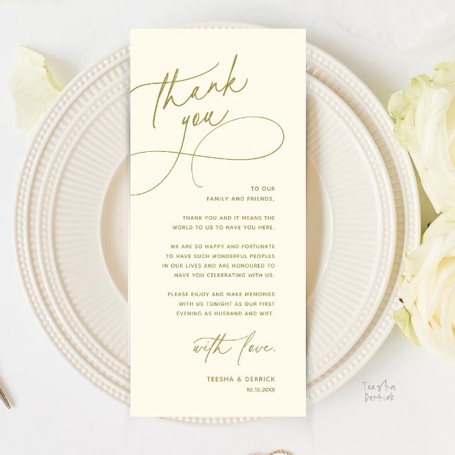 Moderne Romantische Hochzeitsempfangs-Dankeskarten Programm (Modern Romantic Wedding Reception Dinner Lunch Brunch Thank You Card in Yellow gold)