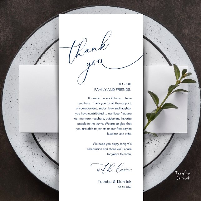 Moderne romantische Hochzeitsempfangs-Dankeskarten Programm (Modern Romantic Wedding Reception Thank You Card, plate decoration, in Classy Navy Blue)