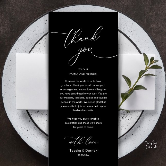 Moderne Romantische Hochzeitsempfangs-Dankeskarten Programm (Modern Romantic Wedding Reception Thank You Card, plate decoration, in Classy Black White)