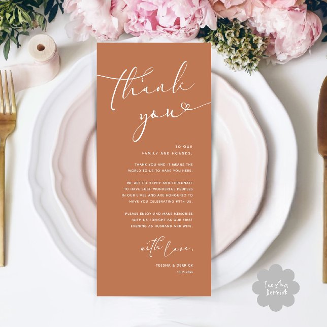 Moderne romantische Hochzeitsempfehlung Dankeschön Programm (Modern Romantic Wedding Reception Dinner Thank You Card in Copper Brown Terracotta)