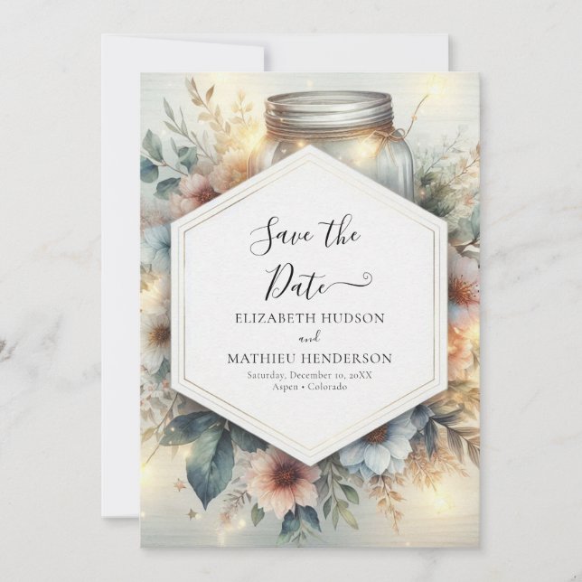 Moderne romantische Mason Jar Wedding Save The Date (Vorderseite)