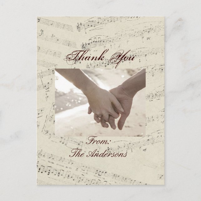 Moderne romantische Musiknoten Hochzeit danke Postkarte (Vorderseite)