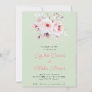 Moderne romantische rosa Rosen hellgrüne Hochzeit Einladung