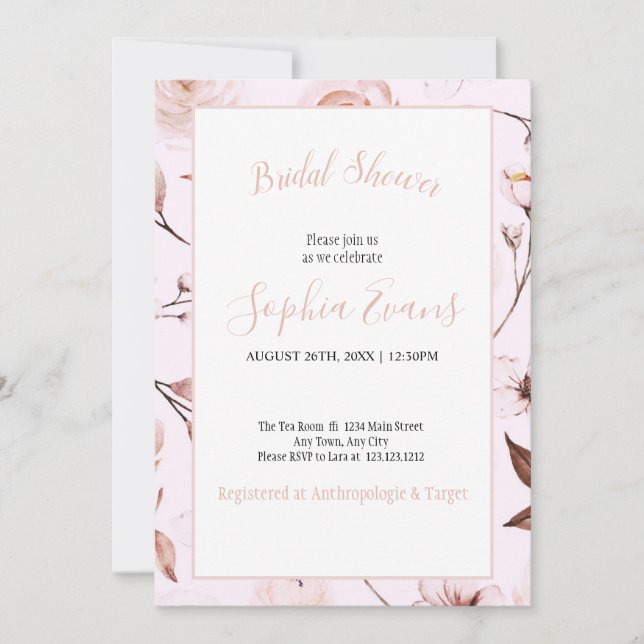 Moderne romantische Rose und florales Brautparty Einladung (Vorderseite)