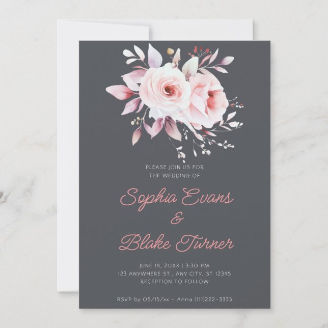 Moderne Romantische Rosen Grau Hochzeit Einladung (Vorderseite)