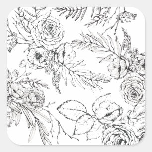 Moderne Romantische Wildblumen-Linienzeichnung Quadratischer Aufkleber