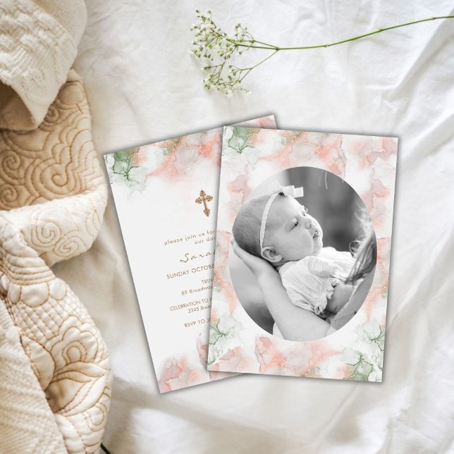 Moderne Rosa Agate Foto Goldkreuz Taufe Einladung (Modern Green Pink Agate Photo Gold Cross Baptism Invitation)