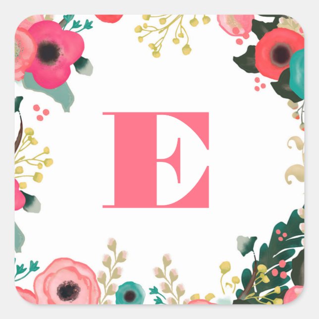 Moderne rosa Aquamarine Bläsermonogramm Quadratischer Aufkleber (Vorderseite)
