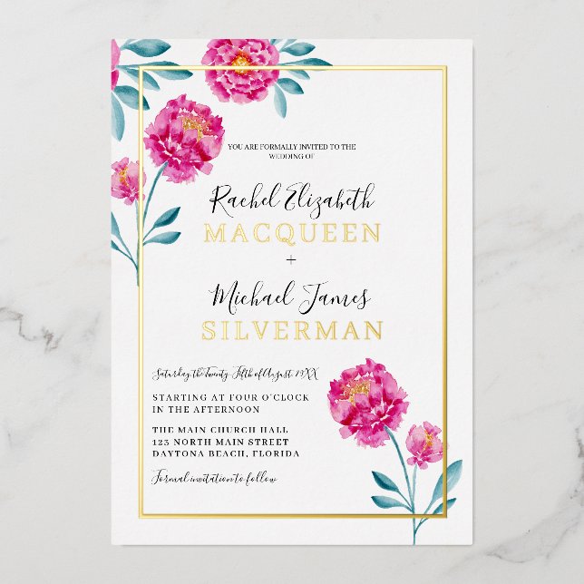 Moderne rosa Aquamarine Blumenhochzeit Folieneinladung (Vorderseite)