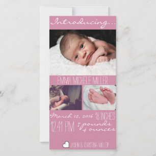 Moderne rosa Baby-Geburts-Mitteilungs-Foto-Karte Ankündigung