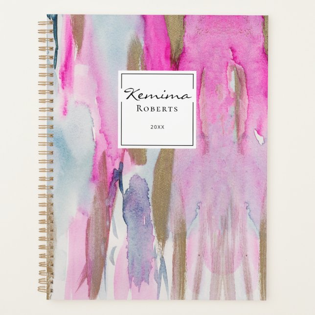 Moderne rosa Blau Elegante Pinselstriche Wasserfar Planer (Vorderseite)