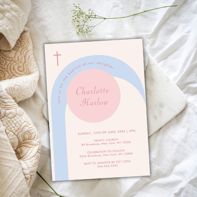 Moderne rosa blaue Beige Boho Arch Cross Taufe Einladung (Modern Pink Blue Beige Boho Arch Cross Baptism Invitation)