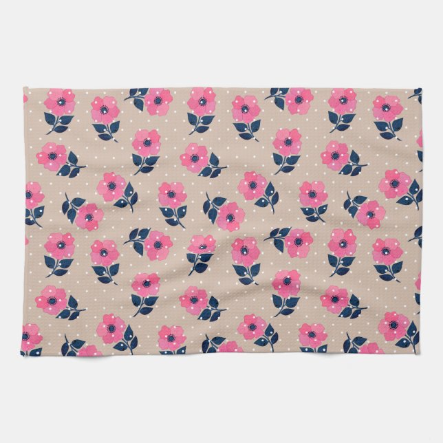 Moderne rosa Blume Beige Polka Dots Geschirrtuch (Horizontal)