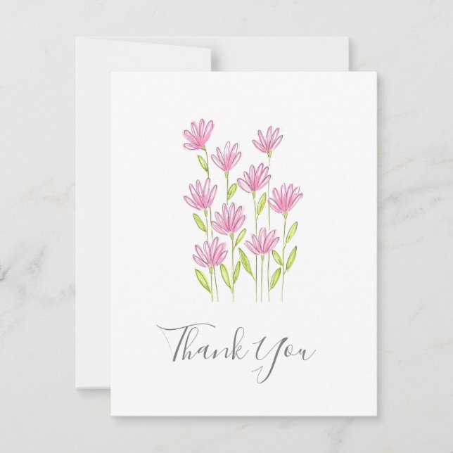 Moderne rosa Blume Pen und Aquarell Dankeskarte (Vorderseite)
