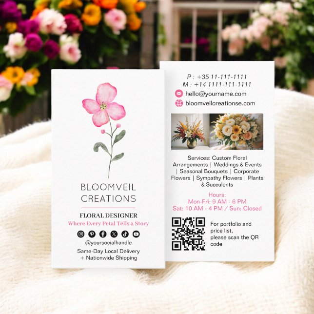 Moderne rosa Blume stilvolle floristische Fotos qr Visitenkarte (Modern pink flower stylish florist photos qr code business card)