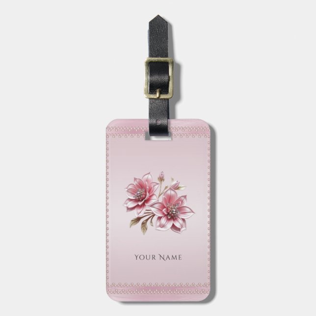 Moderne rosa Blumen Gepäckanhänger (Vorderseite vertikal)