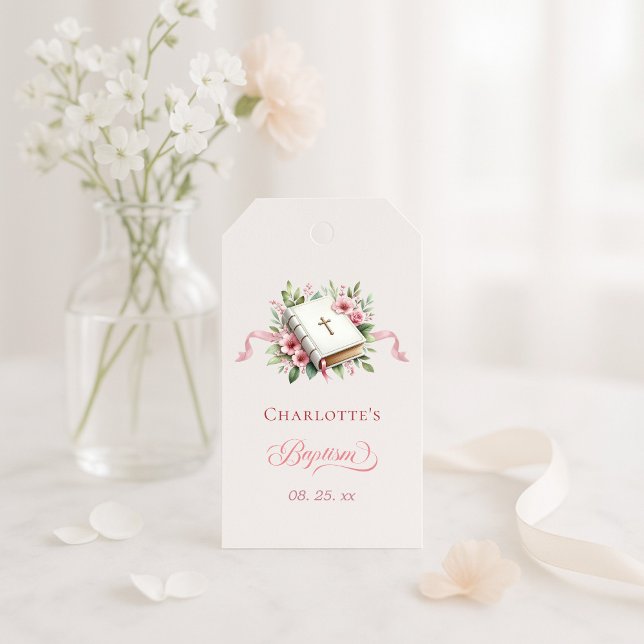 Moderne rosa Blumen Taufe  Geschenkanhänger (Von Creator hochgeladen)