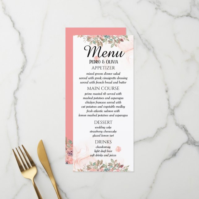 Moderne rosa Blumenhochzeit Menükarte (Vorderseite/Rückseite Beispiel)