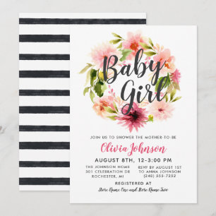 Moderne rosa Blumenkranz-Baby-Mädchen-Party Einladung