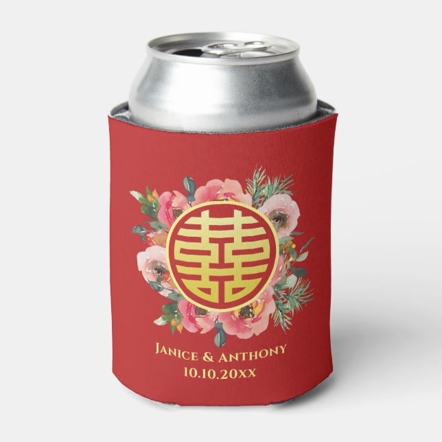 Moderne rosa Blumenkranz chinesische Hochzeit Dosenkühler (Kanne Vorderseite)
