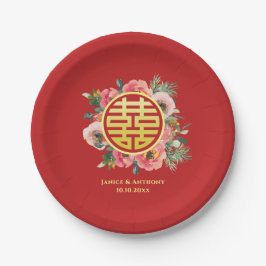 Moderne rosa Blumenkranz chinesische Hochzeit Pappteller
