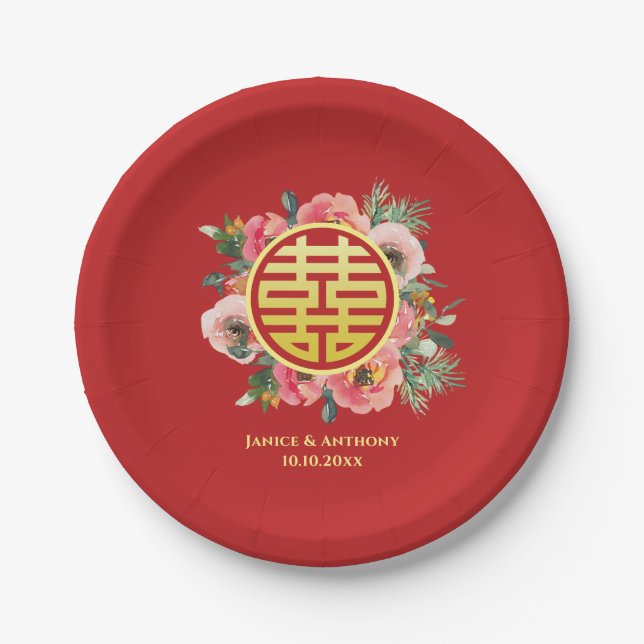 Moderne rosa Blumenkranz chinesische Hochzeit Pappteller (Vorderseite)