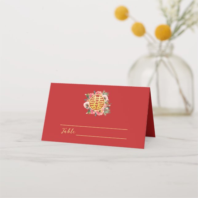 Moderne rosa Blumenkranz chinesische Hochzeit Platzkarte (Vorderseite)