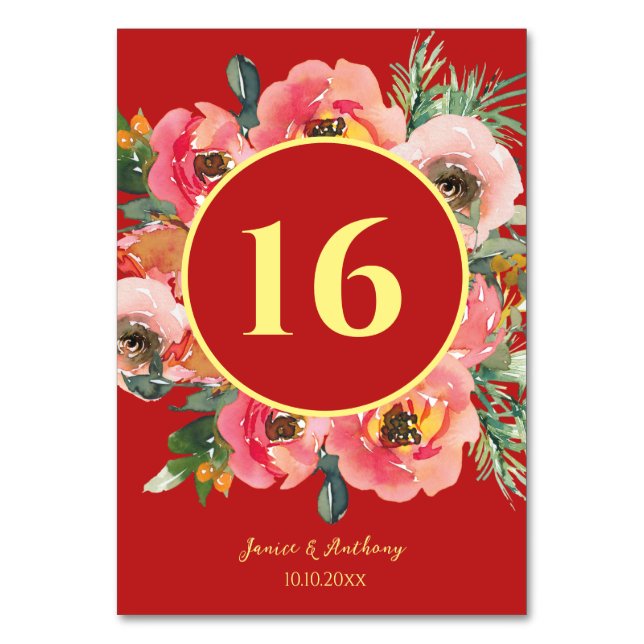 Moderne rosa Blumenkranz chinesische Hochzeit Tischnummer (Vorderseite)